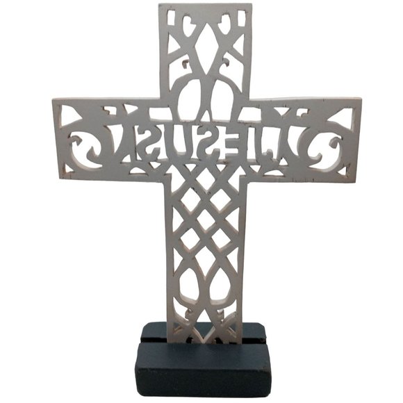 Jesus Cross Folk Art Sculpture Scrollwork Handmade Christian Easter OOAK Vintage - Picture 2 of 14